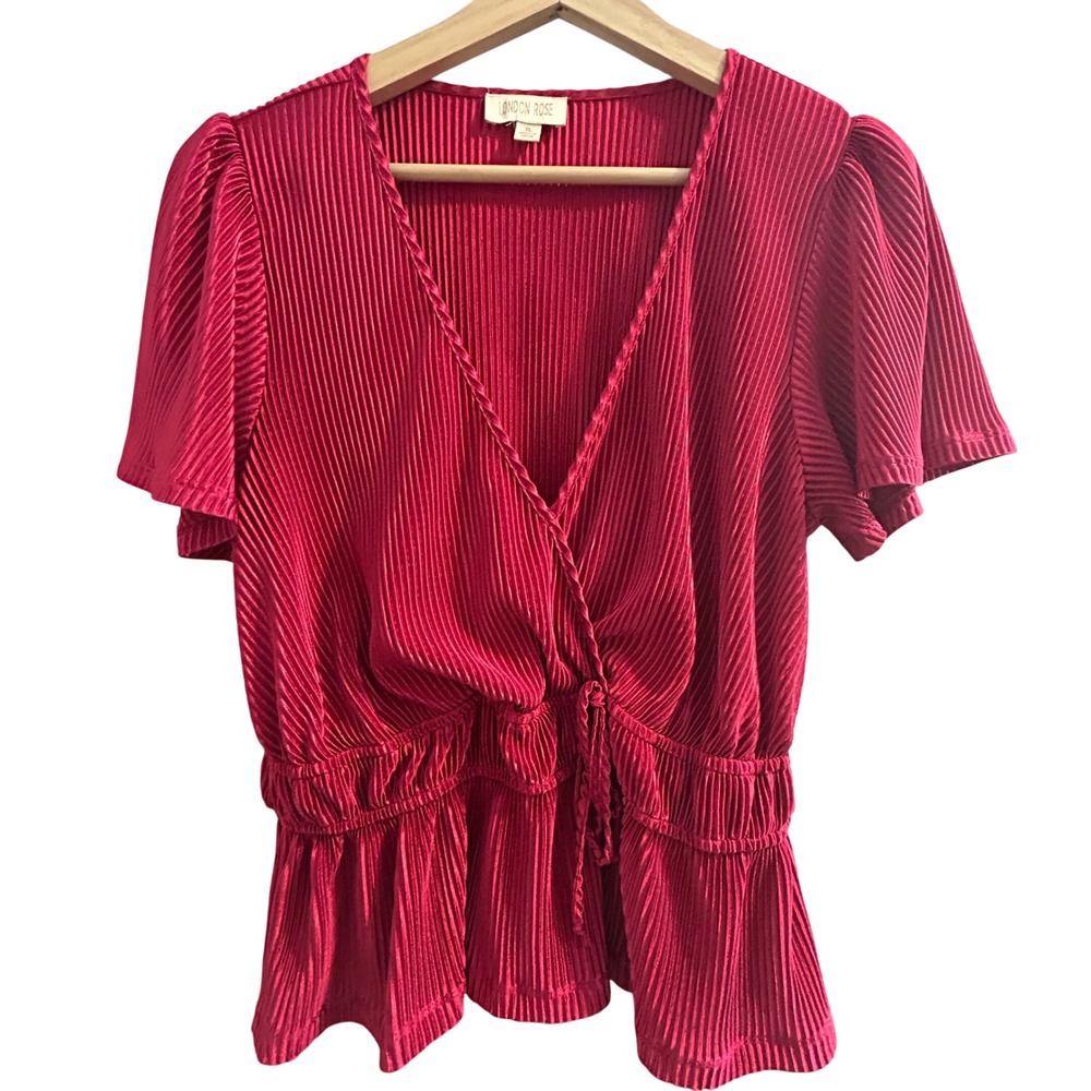 London Rose XL Raspberry Pink Micro Pleated Smocked Peplum Surplice Top Blouse